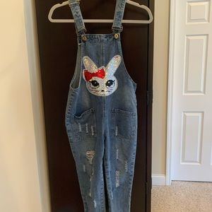 Flip-sequin Easter Bunny distressed Overalls, big girls 9-10 yrs.